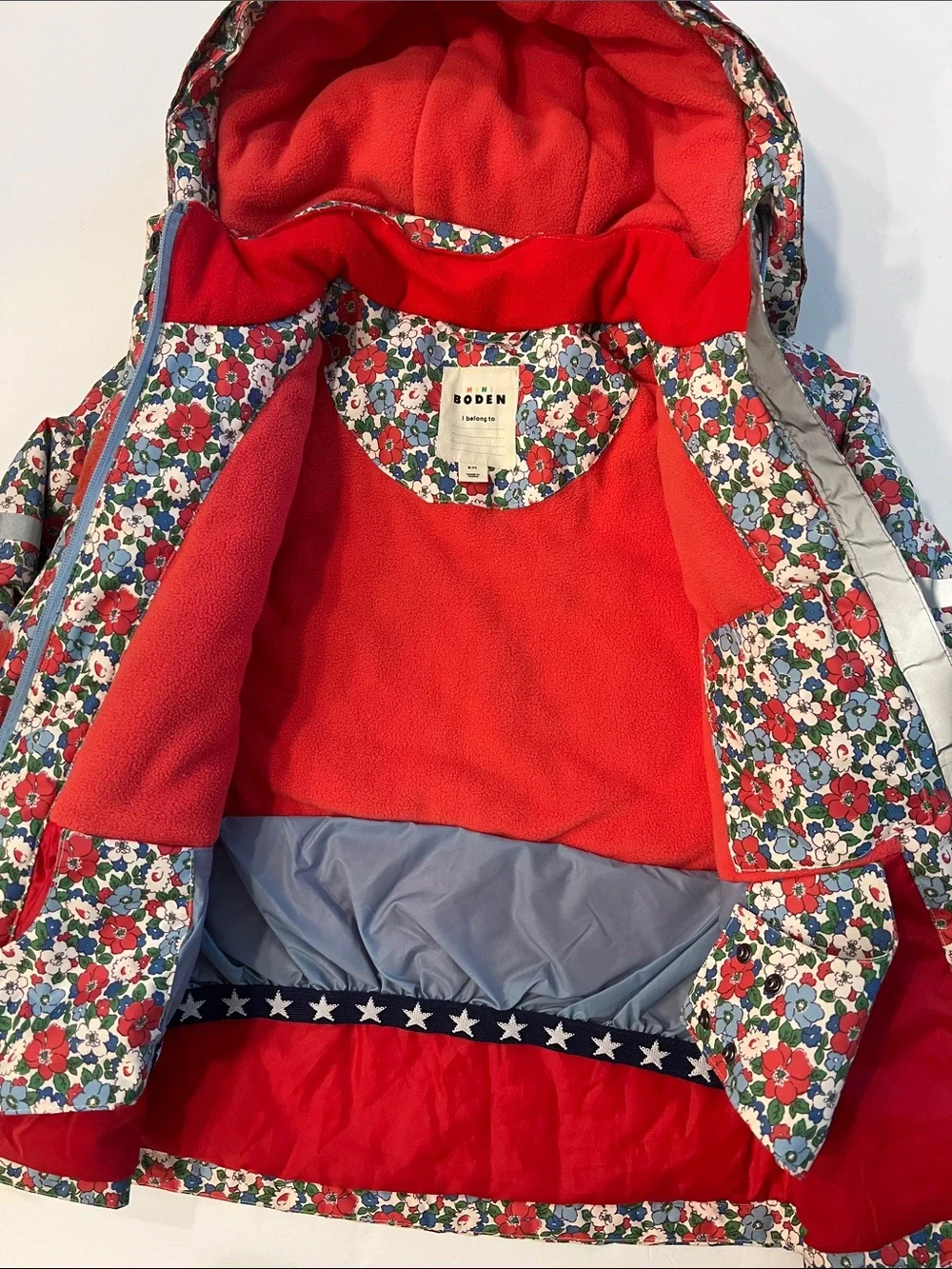 Mini Boden Floral Hooded Raincoat with Red Lining with matching mittens 6-7 yrs